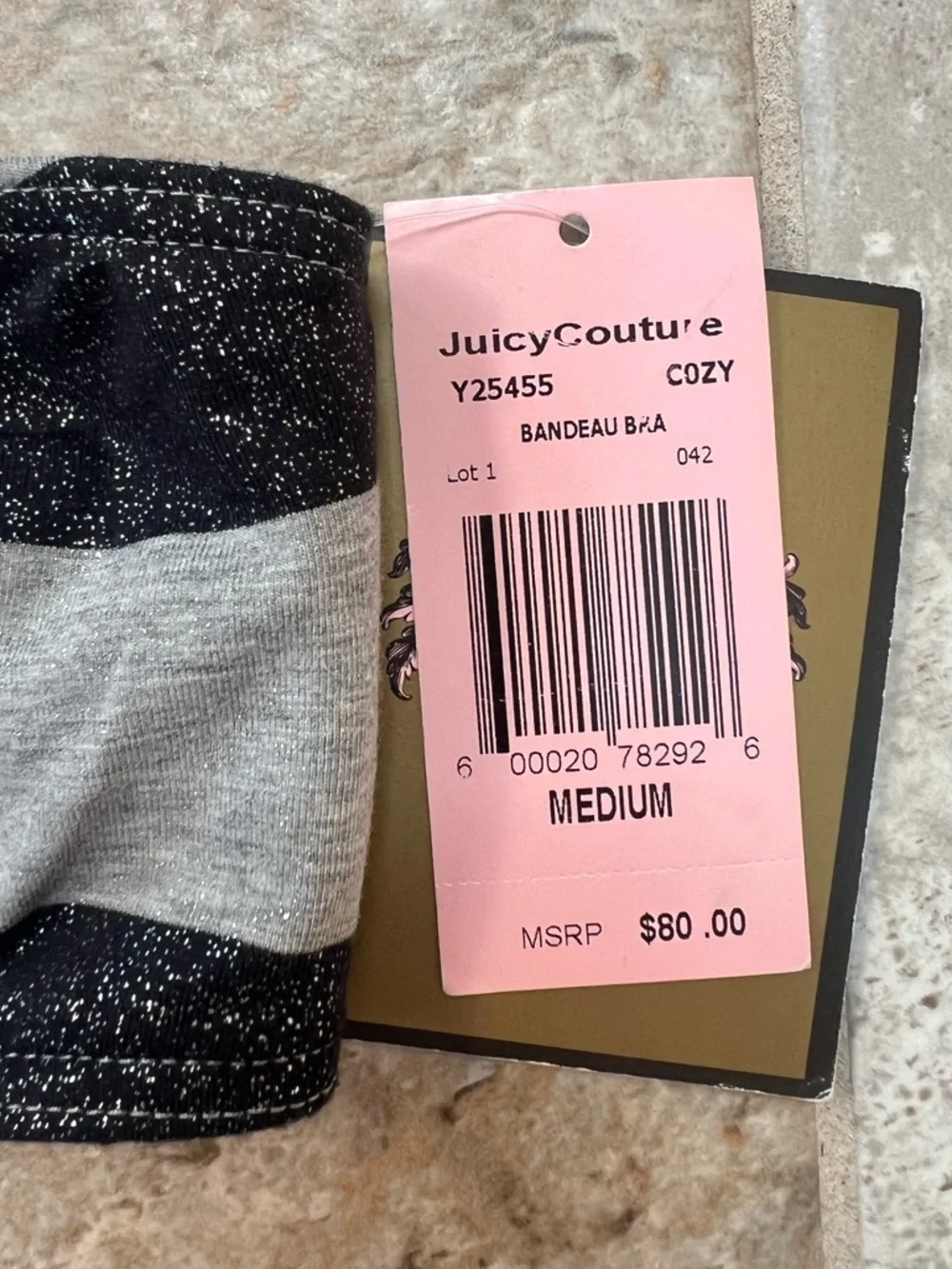 Juicy Couture NWT Grey and Metallic Shimmery Black Striped Bandeau Bra, size M